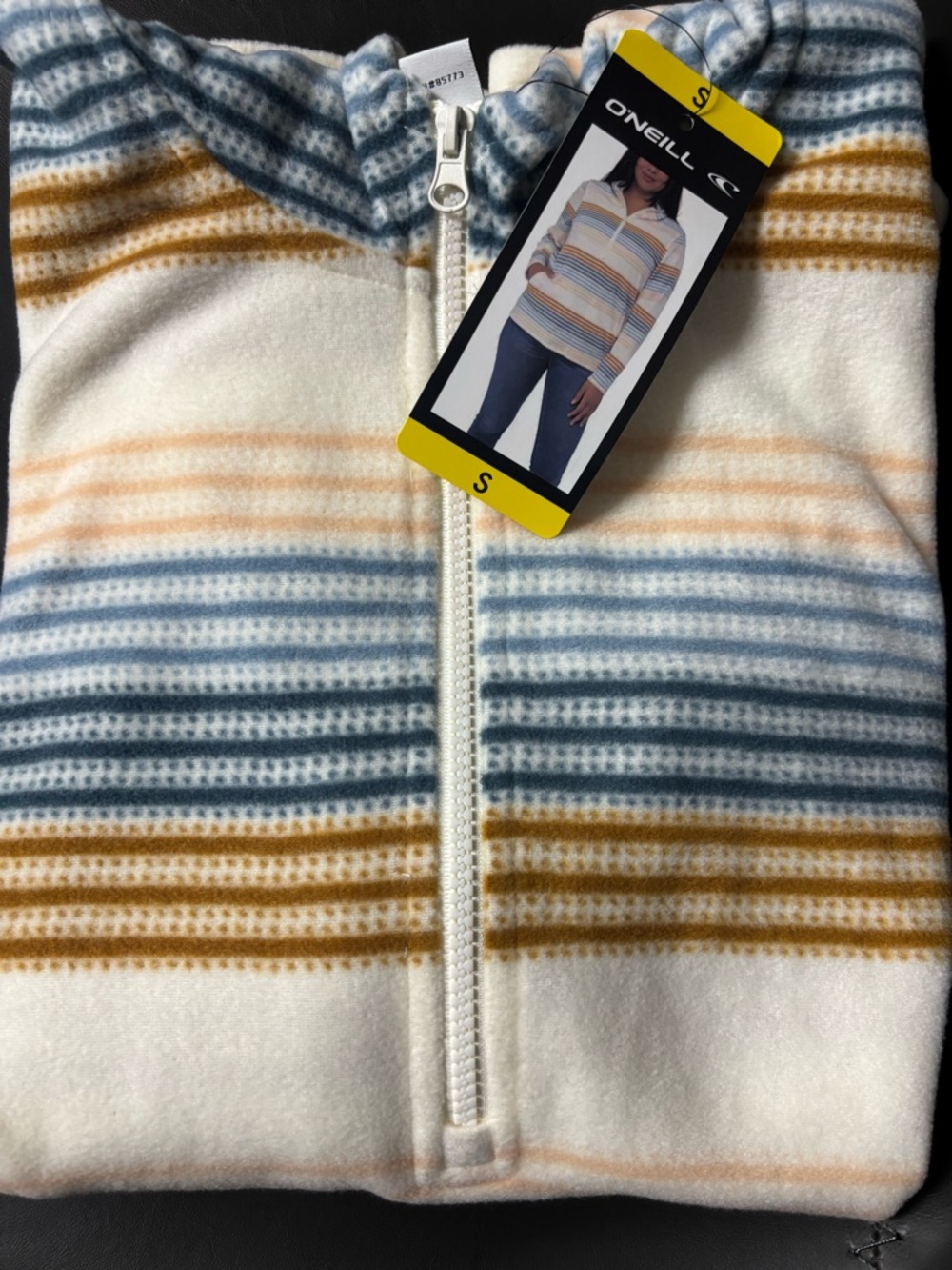 NWT O'Neill Zip-Up Fleece Sweater in White with Blue & Brown Stripes